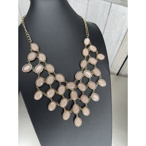 Necklace Taupe Pink Bib Statement Gold Link Y2K - Picture 1 of 4